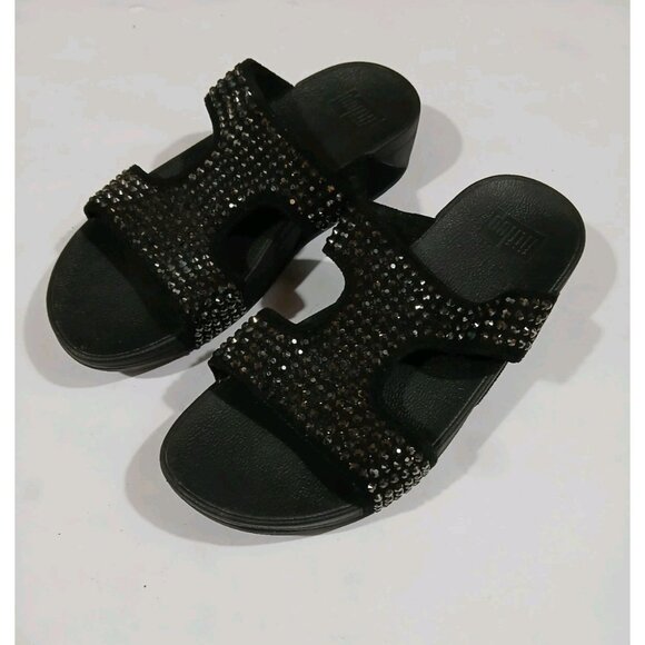 FitFlops Glitzie Thong Sandal Flip Flops Size 7 Black Rhinestone Travel Beach - Picture 1 of 9